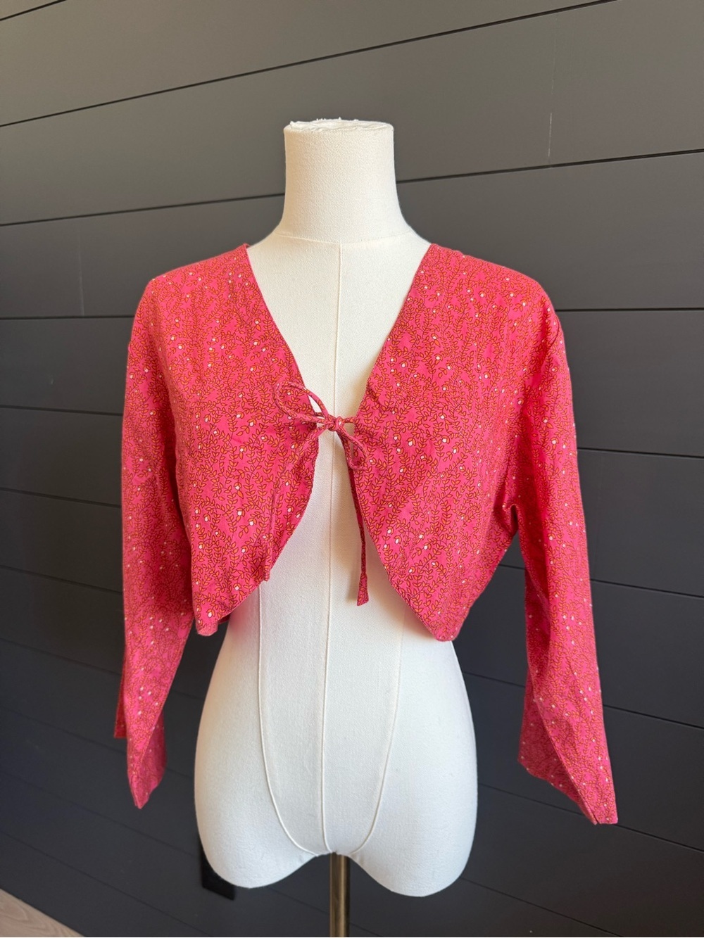 fabindia Pink Cropped Floral Lightweight Tie-Front Top Cottagecore Feminine